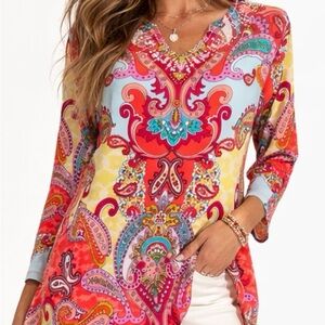 TanJay Beaded Paisley Tunic Top Multicolor 3/4 Sleeve Stretch Blouse
70s style